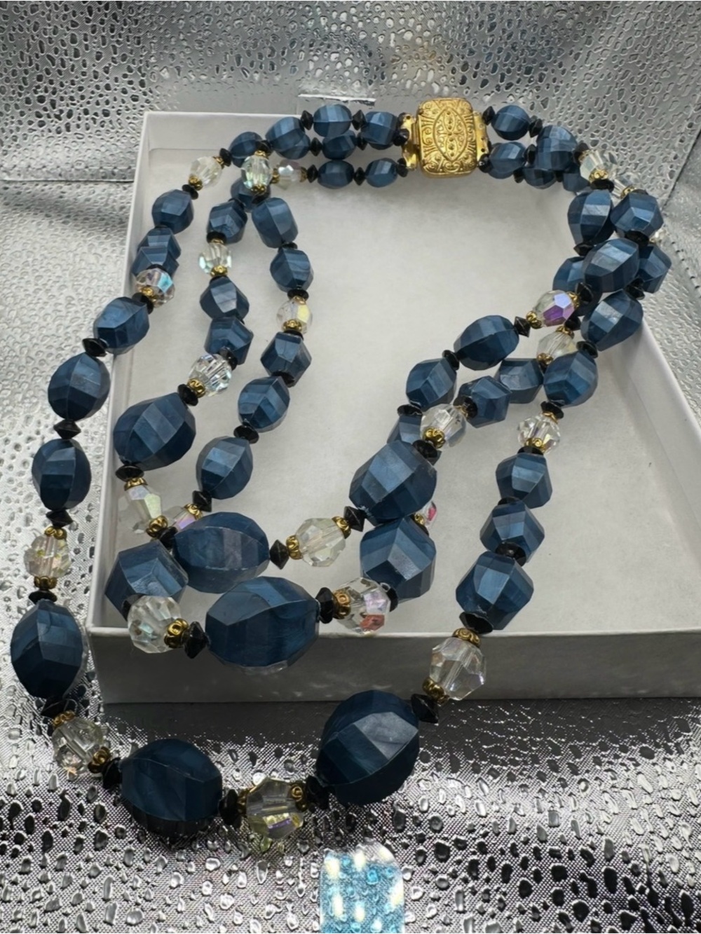Vintage 1950s 1960s Multi Strand Blue Lucite & Aurora Borealis Crystal Necklace